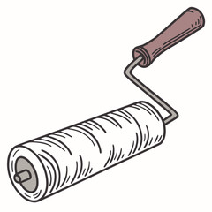 Illustration of a paint roller with a brown handle, a versatile tool for applying paint smoothly and evenly on various surfaces