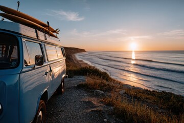 Blue camper van with surfboards on roof parked by coastal cliff, overlooking ocean waves at sunset with golden light reflecting on water