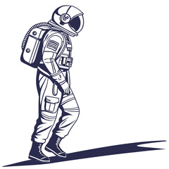 Illustration of an astronaut walking with a spacesuit and backpack, the astronaut is walking with a shadow behind him in a simple vector style
