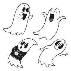 Four cute cartoon ghosts are having fun, perfect for halloween decorations, invitations, or spooky themed designs, adding a playful touch