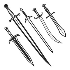 A collection of medieval sword designs includes broadsword, longsword, and arming sword styles, perfect for fantasy, historical, or gaming related projects