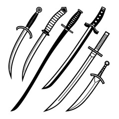 A collection of various sword designs includes katana, broadsword, and scimitar styles, perfect for fantasy, historical, or gaming related projects