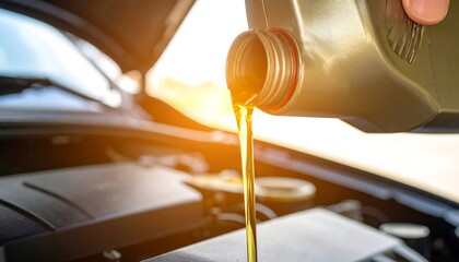Engine oil pouring into car engine bay under bright sunlight