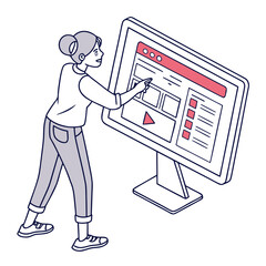 Isometric illustration of a woman interacting with a large computer screen, showcasing user interface design and technology interaction great for web design, uxui, and techrelated projects