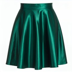 Emerald green circle skirt on white backdrop reflecting light and its folds