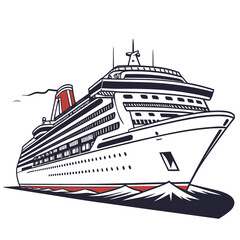 Obraz premium Illustration of a cruise ship on the water, the ship is large and white, with red accents and multiple decks