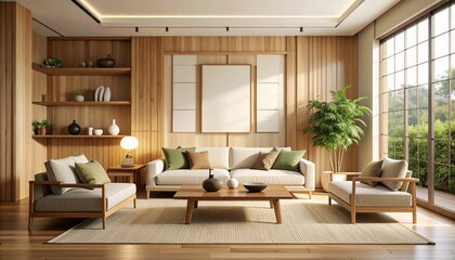 Fototapeta premium Elegant Japandi-inspired living room interior with warm wooden paneling, minimalist furniture, and a blank frame mockup for art display