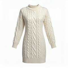 Fototapeta premium Ivory cable knit sweater dress with a turtleneck on a white background display