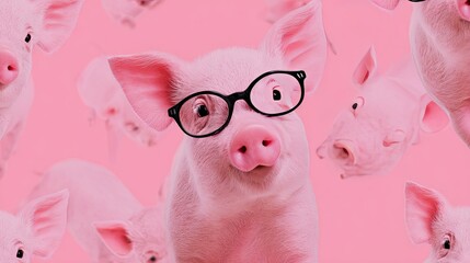 A piglet wearing glasses stares directly at the camera with a cunning or playful expression. Behind it is a bright pink backdrop with other piglets floating.