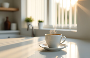 Fototapeta premium shot steaming coffee gleaming white countertop bathed soft morning light filtering kitchen window vertical