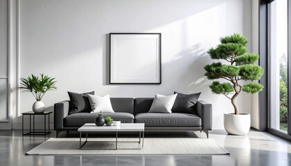 Fototapeta premium Minimalist interior design featuring a comfortable grey sofa, a bonsai tree, and a square poster mockup on a clean white wall