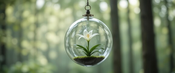 Elegant Suspension  Single White Lily Displayed in a Glass Sphere with a Blurred Forest Landscape.