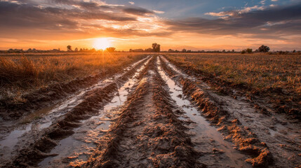 Muddy road crossing a harvested field at sunset