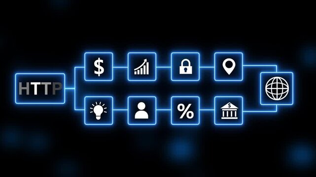 HTP protocol network diagram with glowing blue icons and data flow visualization HTTP technology