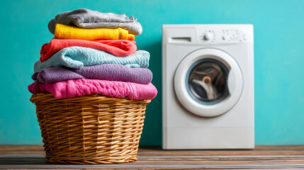 Stack of colorful folded clothes in wicker basket with washing machine in background