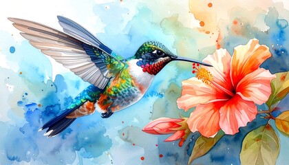 Vibrant hummingbird and hibiscus in watercolor