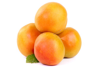 Fresh Xinjiang Apricots on White Background - Ripe Orange Stone Fruit with Natural Red Blush and Green Leaf