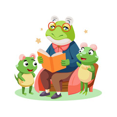 grandfather frog reading story to grandchildren illustration on a transparent background