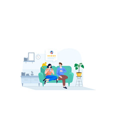 social network communication Two people relaxing on a couch in a room with a plant, on a light background