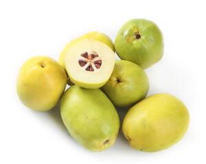 Fresh Green Yunnan Papaya Fruits Display with Cut Half Showing Seeds and Flesh