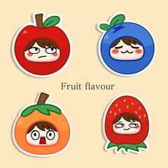 Set of cute cartoon style sticker illustration featuring four different fruits. Apple, blueberry, orange, and strawberry.
