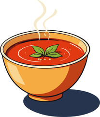 Modern Vector Illustration of Hot Tomato Basil Soup in Yellow Bowl with Steam, White Background, Flat Food Art Design