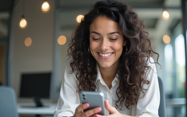 Smiling portrait with latin hispanic woman working on smartphone in office for e shopping or studying. Young indian specialist using cell phone mobile app for work business chat, looking at copy space