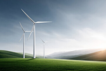 wind turbines on green hills generating clean energy power at sunrise
