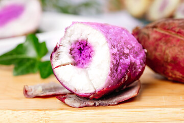 Purple Sweet Potato Ice Cream Slices with Heart-Shaped Center on Wooden Board