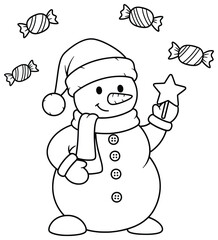 Snowman vector illustration of a smiling winter figure with hat scarf and carrot nose holding a festive star wand with candies floating around