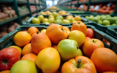 Fruits in crates ready for shipping. Cold storage interior. High quality