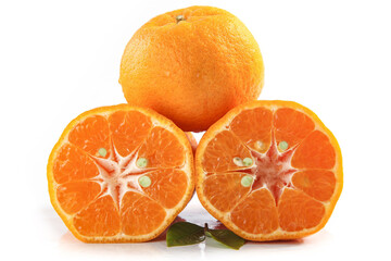 Fresh Mandarin Oranges Cut in Half Isolated on White Background