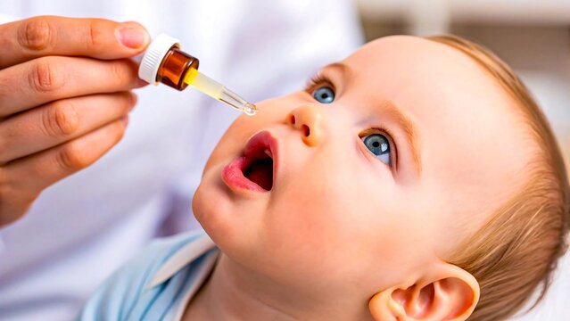 Baby receiving oral polio vaccine drop for health protection
