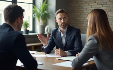 Bossy businessman is giving a lecture to his colleges because they did not accomplished their work. High quality