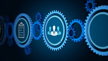 Teamwork and task management concept with interconnected gears and icons representing communication, checklist, and business collaboration