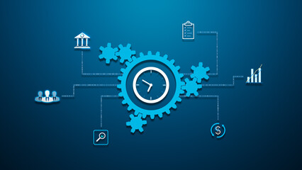Clockwork Business Mechanism with Central Time Gear and Linked Economy Icons Representing Finance, Analytics, Teamwork, and Strategic Planning