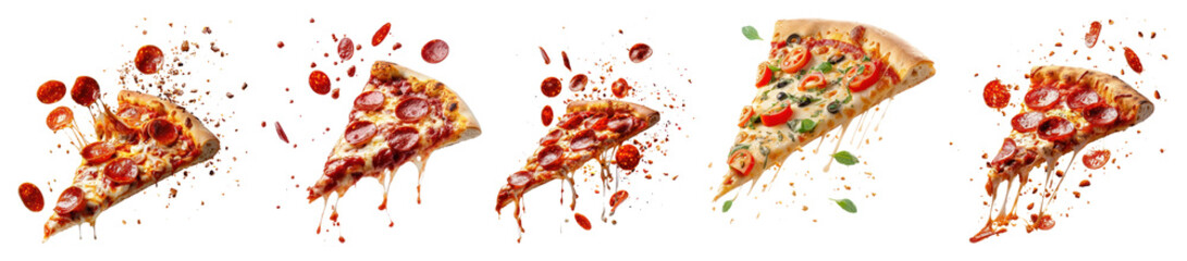 PNG Variety of delicious pizza slices, element set on transparent background