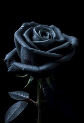 Black rose with drops of water on a black background. Creative romantic love and passion concept. dark and spooky cult aesthetic. Floral Halloween or Santa Muerte idea.