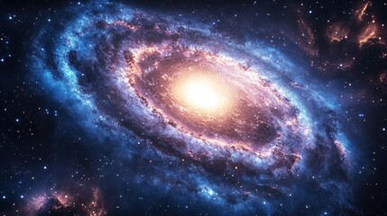 A vibrant depiction of a spiral galaxy with a bright center surrounded by swirling nebulae
