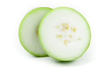 Fresh Winter Melon Sliced in Half Showing Seeds - Healthy Asian Gourd Vegetable on White Background