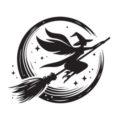 Black Flying Broomstick Silhouette Vector Illustration design, Solid White Background