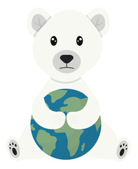Polar bear holding planet Earth symbolizing climate change awareness and environmental protection responsibility. Ice melting. Climate crisis concept. Flat style. Isolated. Vector illustration