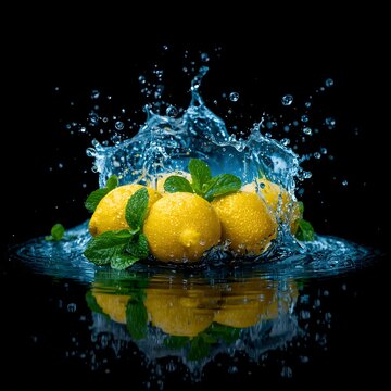 lemon in water splash Fresh Lemons and Mint Splashing into Water &ndash; Vibrant Citrus with Dramatic Droplets