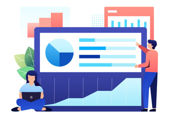 Customer services vector graphics A screen displaying colorful charts, with a person interacting, and a blue color scheme