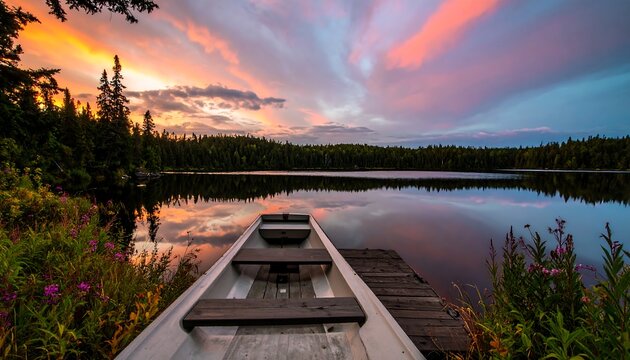 Peaceful lake sunset, small boat on dock - Powered by Adobe