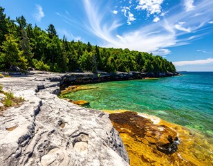 Scenic coastal landscape with vibrant turquoise water and light-colored rock formations