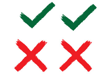 Grunge brush stroke checkmarks with tick and cross symbols. Green and re grunge style vector illustration of two checkbox icons. Green check mark and red cross icon set, circle and cross. Tick symbol