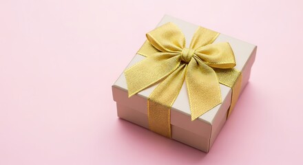 Gift Box with Gold Ribbon on Pink Background.