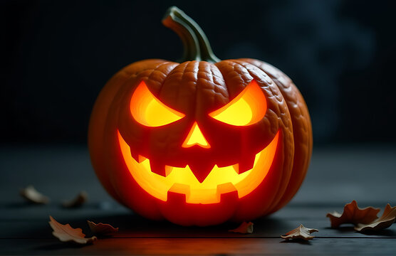 carved glowing orange pumpkin illuminated soft warm flame within hollowed center casting eerie shadows
