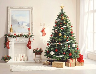 Festive Christmas Scene with a White Fireplace and Tree